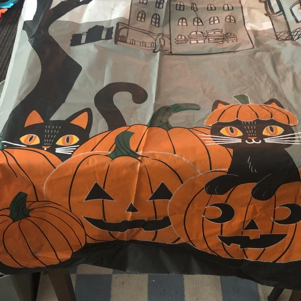 ❤️ Halloween Spooky Pumpkin & Black Cat Plastic Shower Curtain